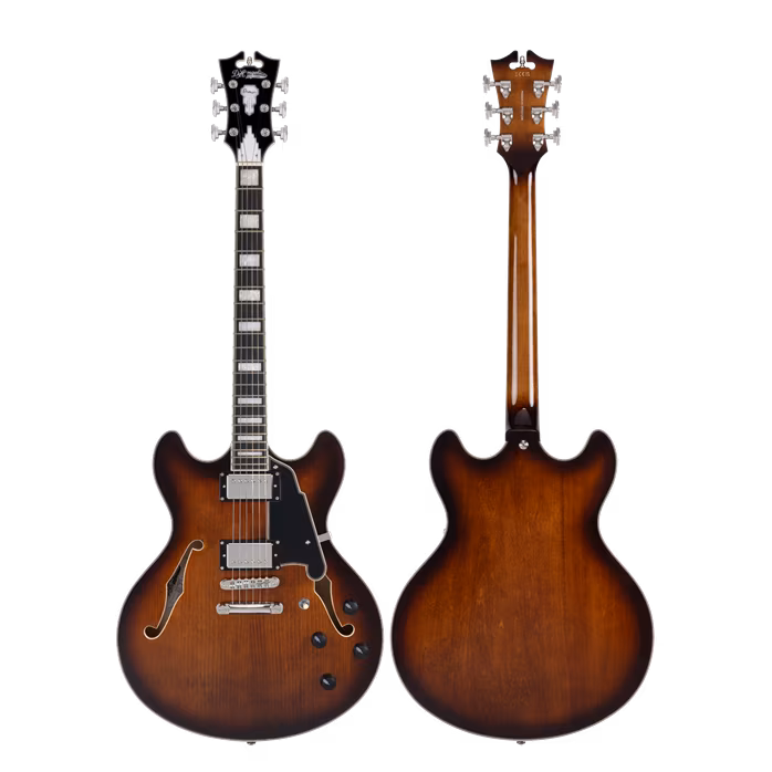 D'Angelico Premier DC Double Cutaway Stop-Bar Tailpie CE Brown Burst - Semiakustische Gitarre