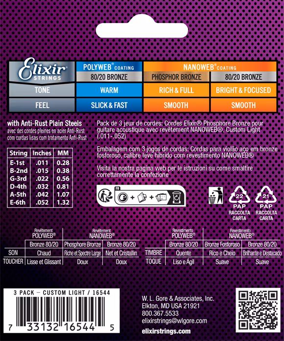 Elixir Nanoweb Phosphor Bronze Custom Light 3-Pack - Stahlseiten für akustische Gitarre