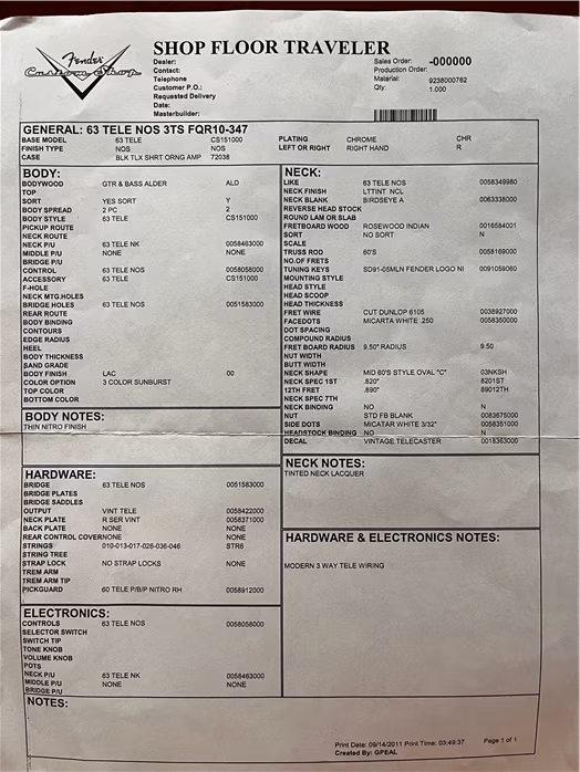 Fender Custom Shop 2012 Telecaster 63 NOS 3TSB - E-Gitarre
