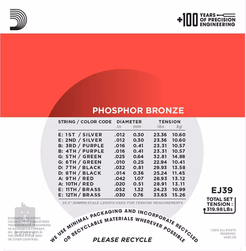 D'Addario EJ39 - Cordes pour une guitare a douze cordes