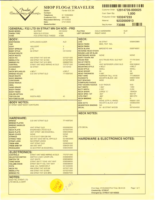 Fender Custom Shop Limited Edition 59 Strat NOS Gold Hardware Fiesta Red - Guitare électrique