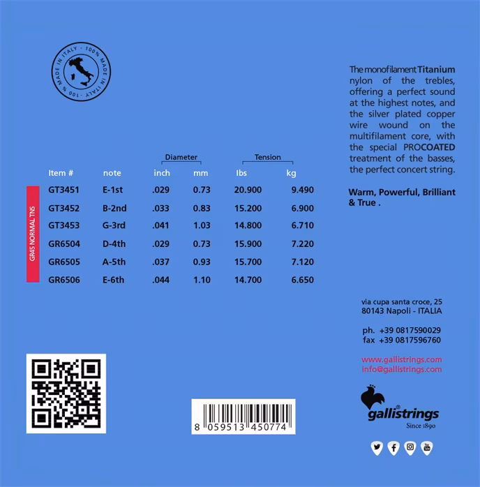 Galli GR45 Genius Titanio Normal  - Cordes en nylon pour guitare classique