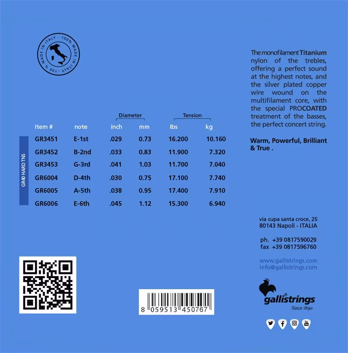 Galli GR40 Genius Titanio Hard  - Cordes en nylon pour guitare classique