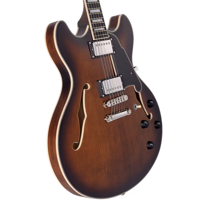 D'Angelico Premier DC Double Cutaway Stop-Bar Tailpie CE Brown Burst - Guitare semi acoustique