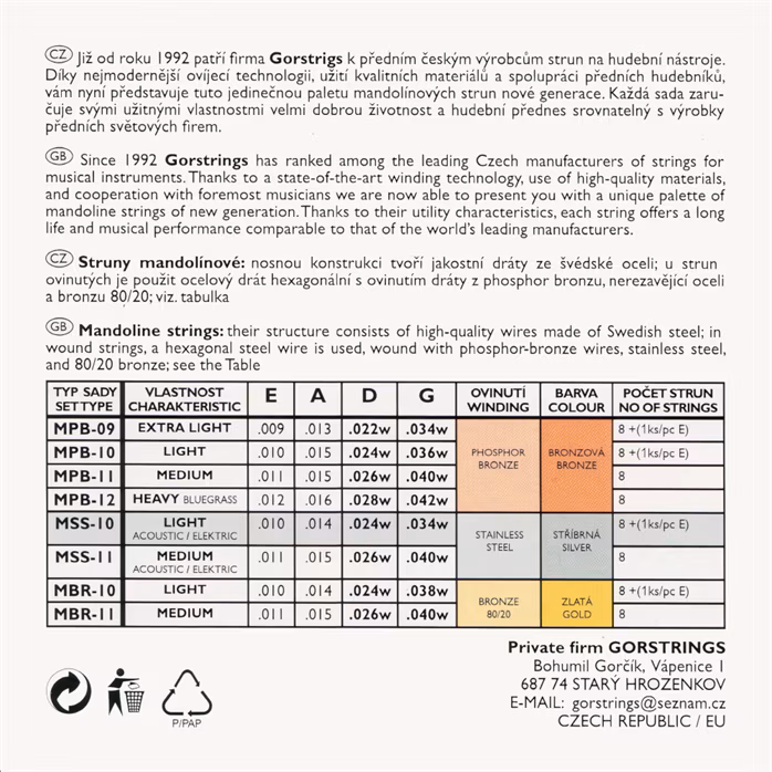 Gorstrings Mandolin MSS10 1034w + E - Cordes pour mandoline