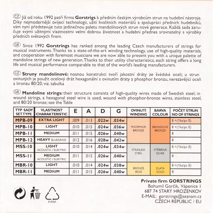 Gorstrings Mandolin MPB09 0934 + E - Cordes pour mandoline