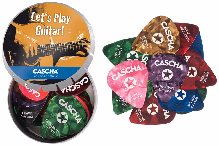 Cascha Guitar Pick Set Box (24 mixed guitar picks + metal box) - Pengetők