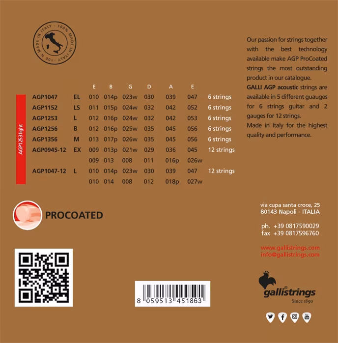 Galli AGP1253 PROcoated Phosphor Bronze Light  - Fém húrok akusztikus gitárra