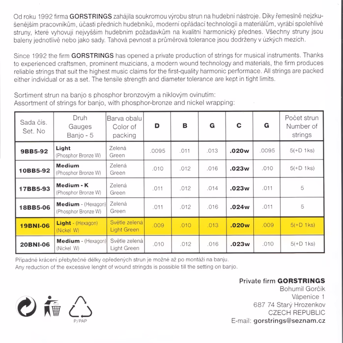 Gorstrings Banjo 19BNI-06 0920w + D - 5 húros bendzsó húrok