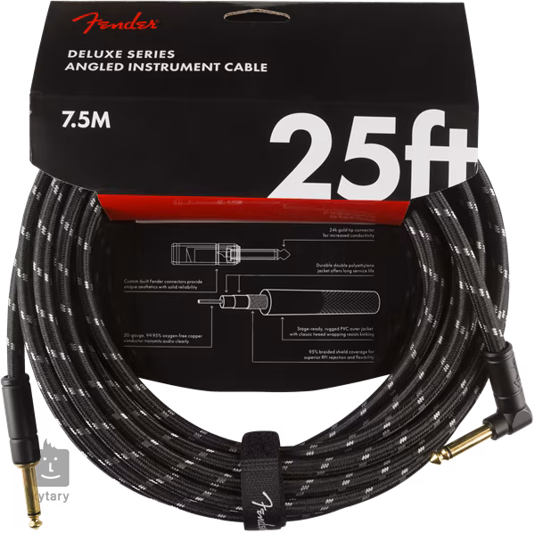 Fender Deluxe Series 25' Instrument Cable Black Tweed Angled - Kabel instrumentalny
