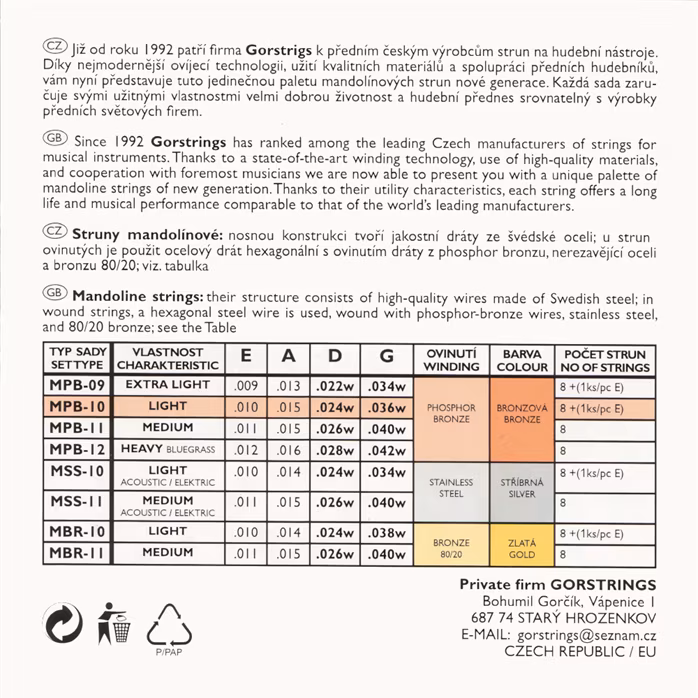 Gorstrings Mandolin MPB10 1036 + E - Struny do mandoliny