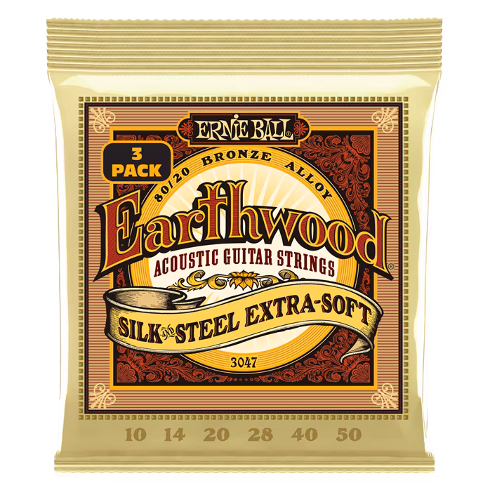 Ernie Ball 3047 Earthwood Silk & Steel Extra Soft 80/20 Bronze 3-Pack - Corzi de metal pentru chitară acustică