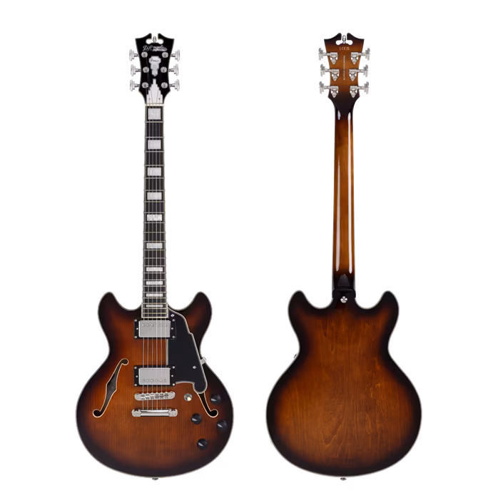 D'Angelico Premier Mini DC Double Cutaway Stop-Bar Tailpie CE Brown Burst - Chitară semi-acustică