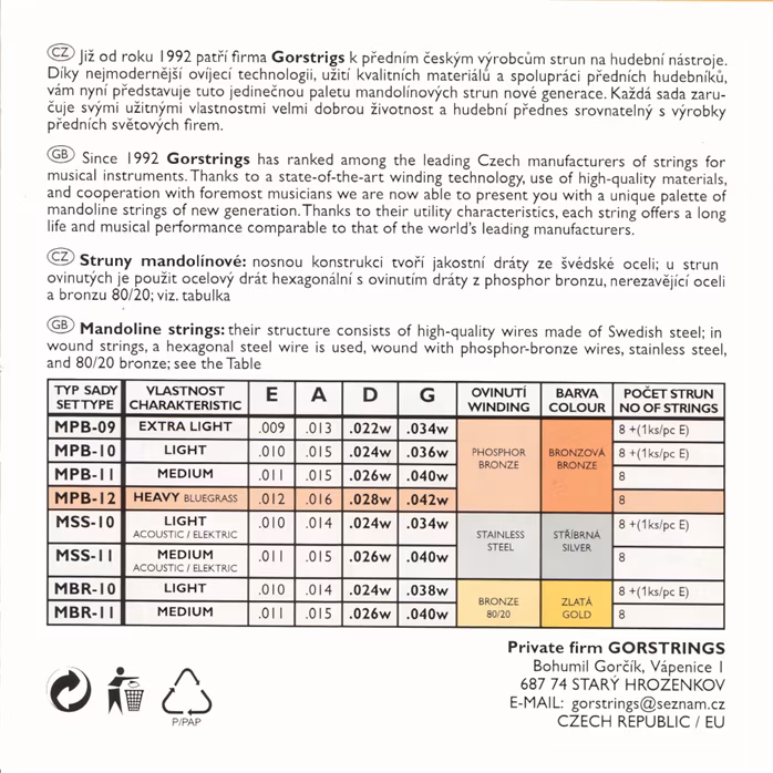 Gorstrings Mandolin MPB12 1242 - Corzi pentru mandolină
