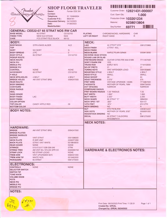 Fender Custom Shop 65 Stratocaster NOS Candy Apple Red - Elektrická gitara