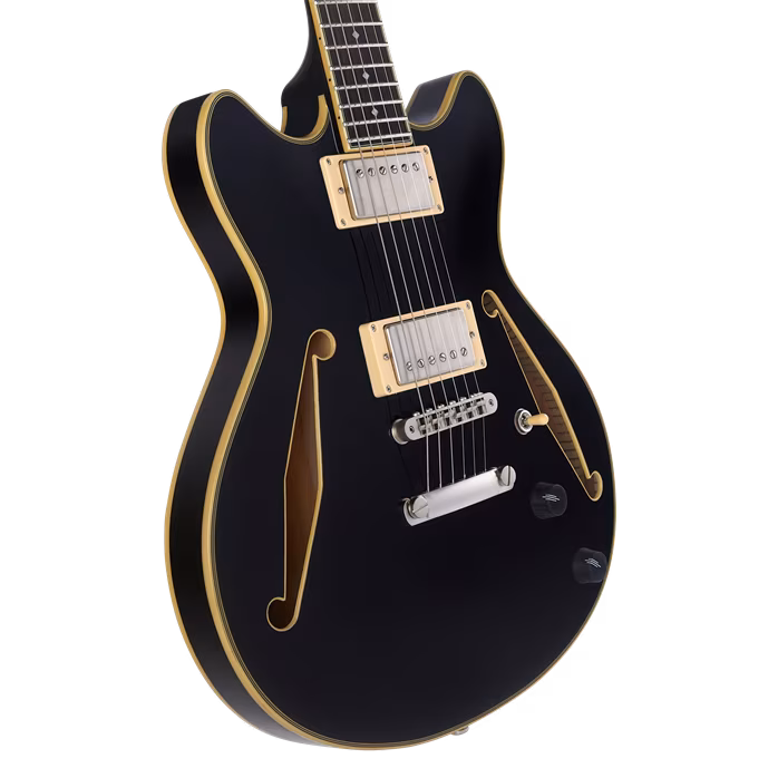D'Angelico Tour Collection Mini DC Double Cutaway Stop-Bar Tailpie CE Solid Black - Semiakustická gitara